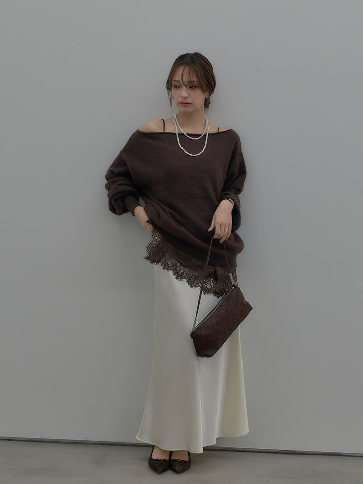 【SET】【premium touch】2wayショルダーニットプルオーバー+ナローAラインサテンスカート(2set)