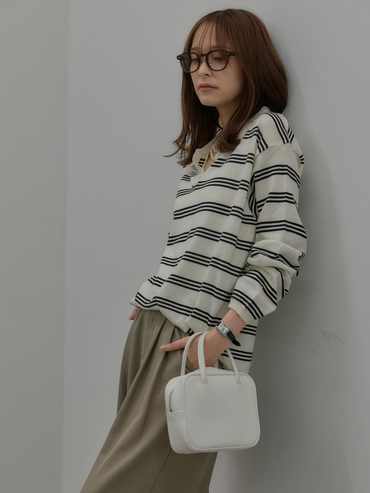 ボーダーポロ襟ニットプルオーバー