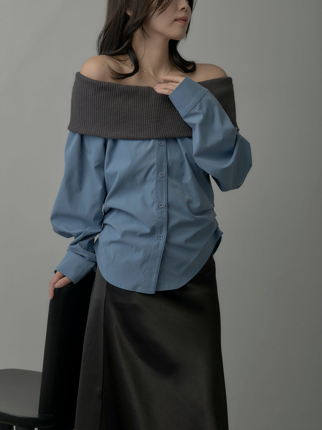 【SET】ニットシャツドッキングオフショルトップス+ヘビーサテンAラインスカート(2set)