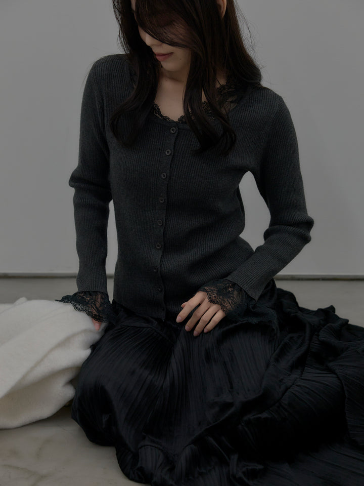 【SET】レースドッキングリブニットトップス+ベロアプリーツティアードスカート(2set)