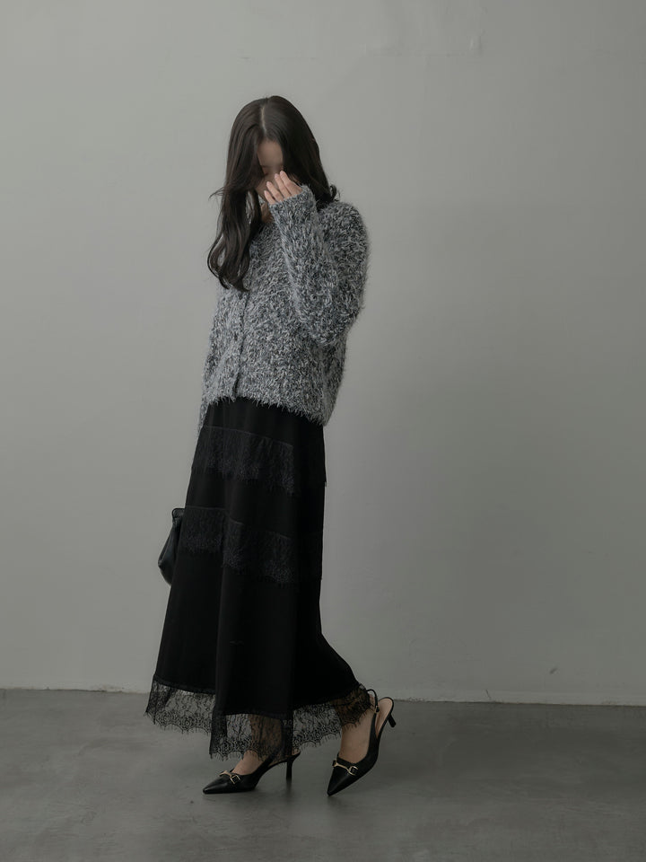 【SET】フェザーループニットカーディガン+レースデザインフレアスカート(2set)