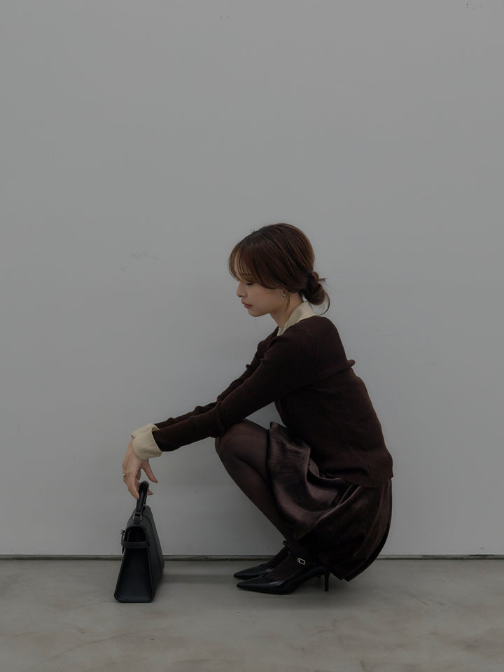 【SET】配色カフスニットポロ+ベロアバルーンミニスカート(インパン付き)(2set)