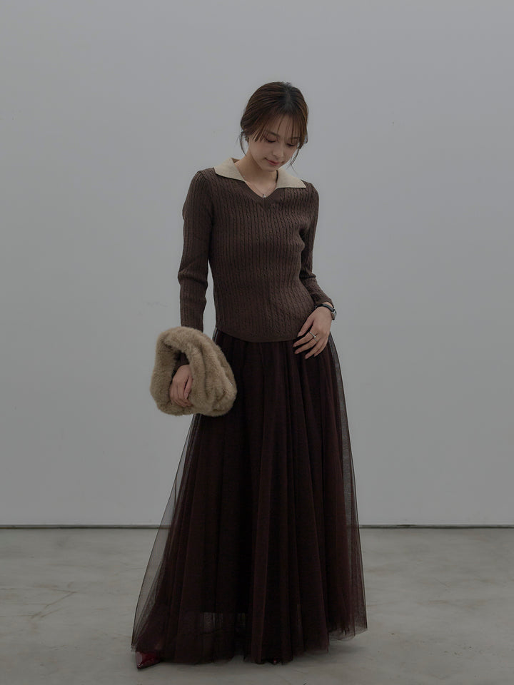 【SET】配色Vネックケーブルニットトップス+ボリュームチュールスカート(2set)