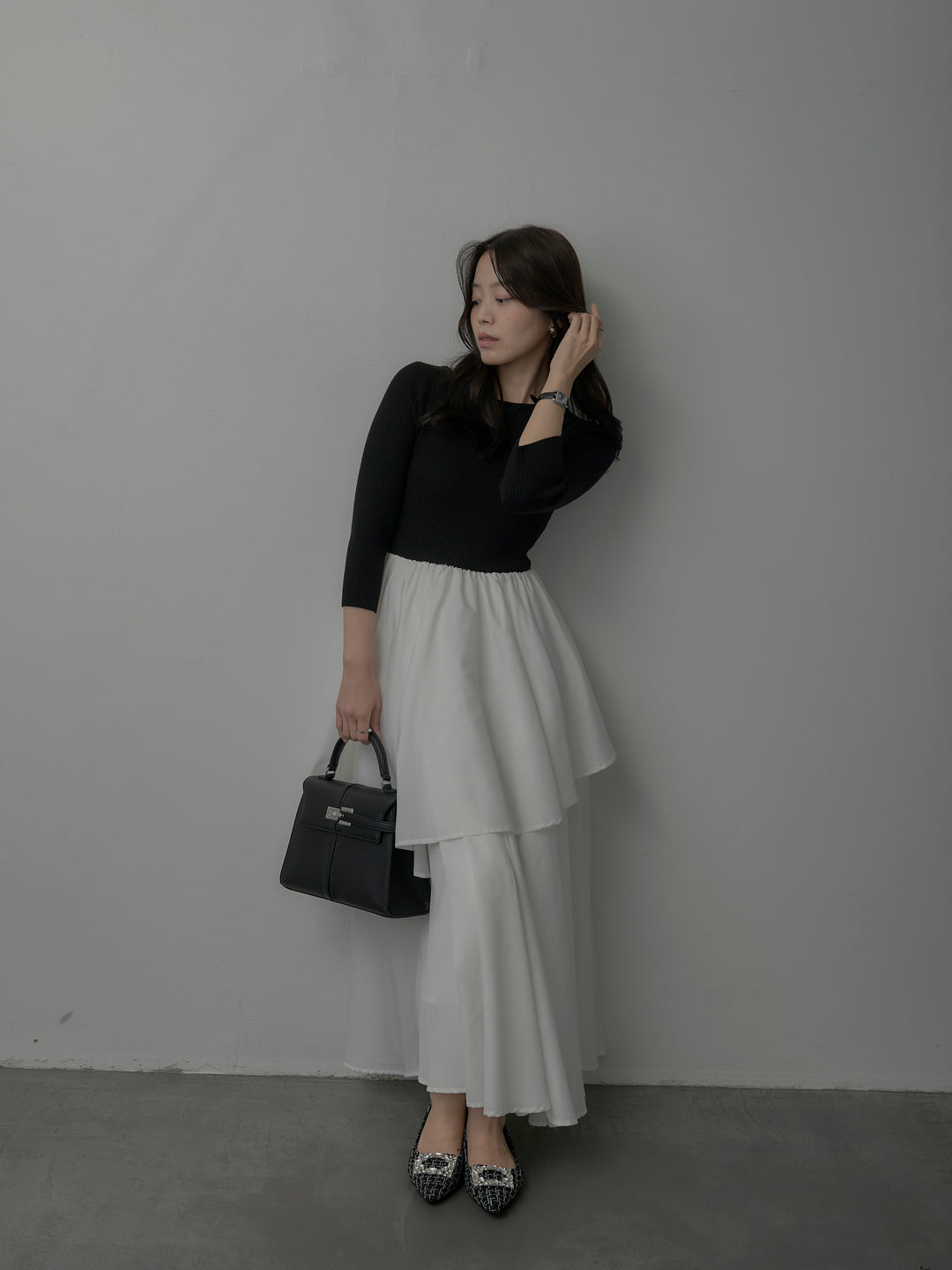 【Essential】7部袖リブドッキングワンピース