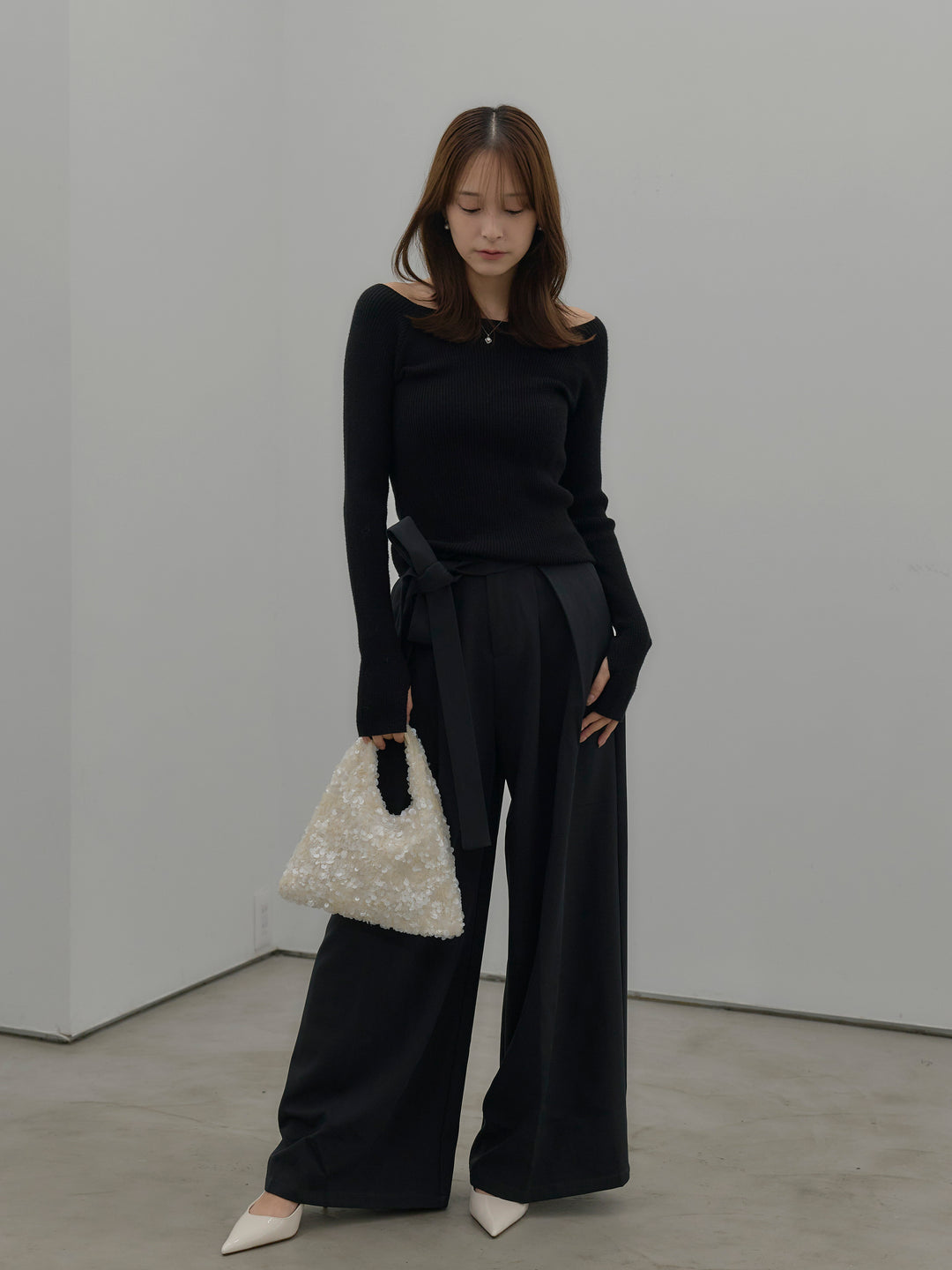 【SET】スクエアネックリブニット+ウエストリボンワイドパンツ(2set)