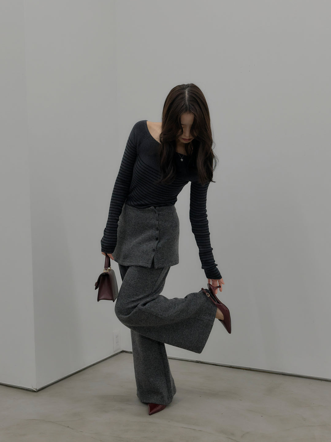 【SET】ハーフボーダーニットトップス+ミックスヤーンニットラップパンツ(2set)