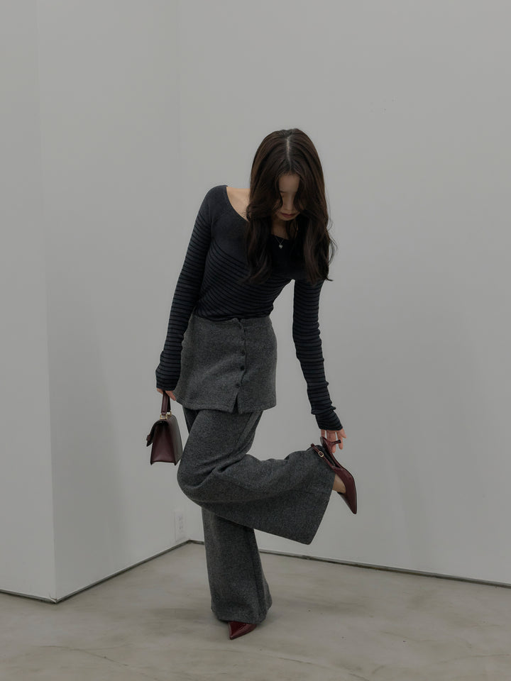 【SET】ハーフボーダーニットトップス+ミックスヤーンニットラップパンツ(2set)