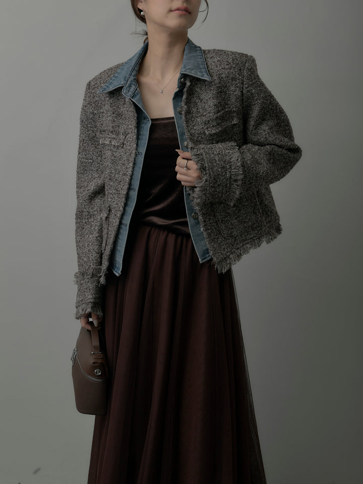 【SET】デニムドッキングオーバーサイズツイードジャケット+ボリュームチュールスカート(2set)