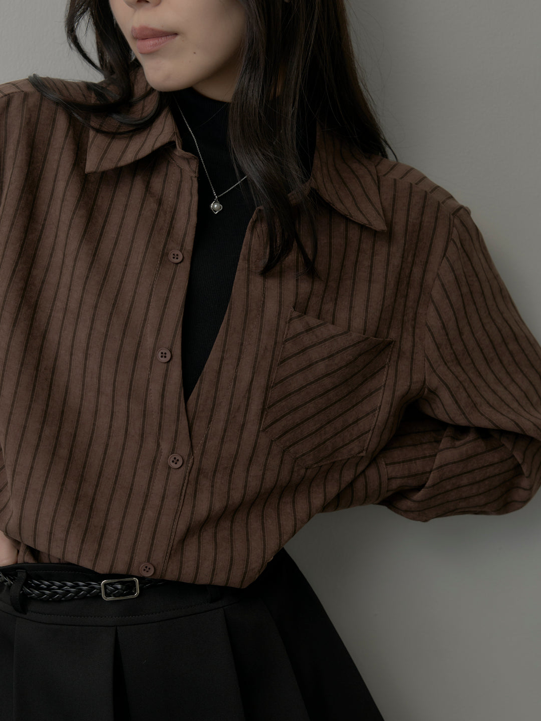 【SET】スエードタッチドッキングデザインストライプシャツ+ベルト付きプリーツミニスカート(2set)