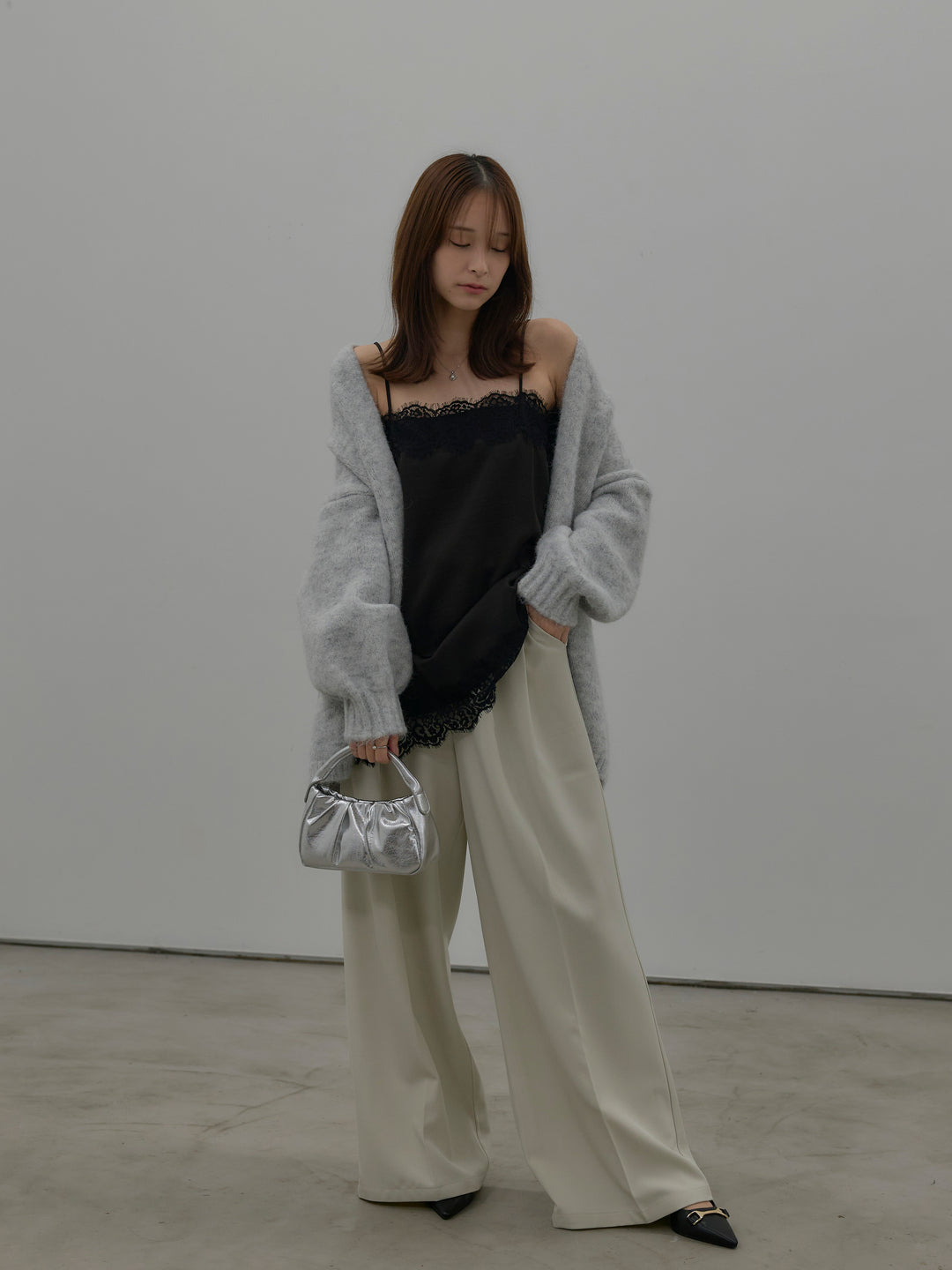 【SET】モヘアライクオーバーニットカーディガン+レースサテンキャミソール(2set)