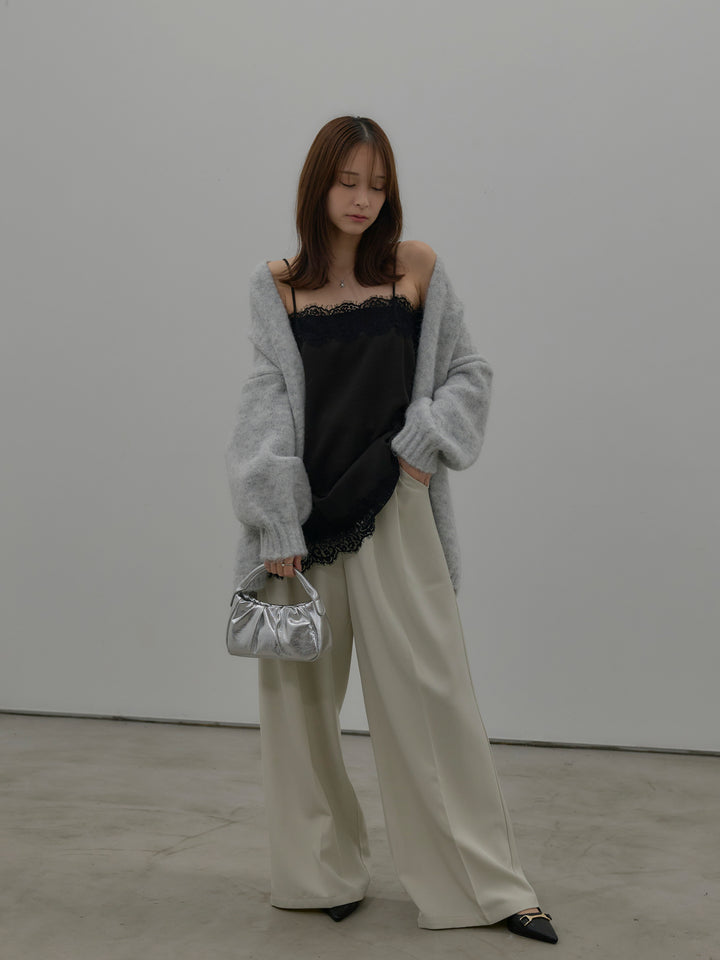 【SET】モヘアライクオーバーニットカーディガン+レースサテンキャミソール(2set)