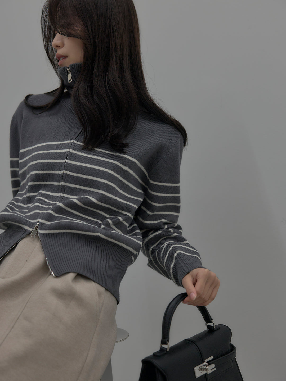 【SET】比翼仕立てサテンシャツ+裏起毛センターシームタックワイドパンツ(2set)