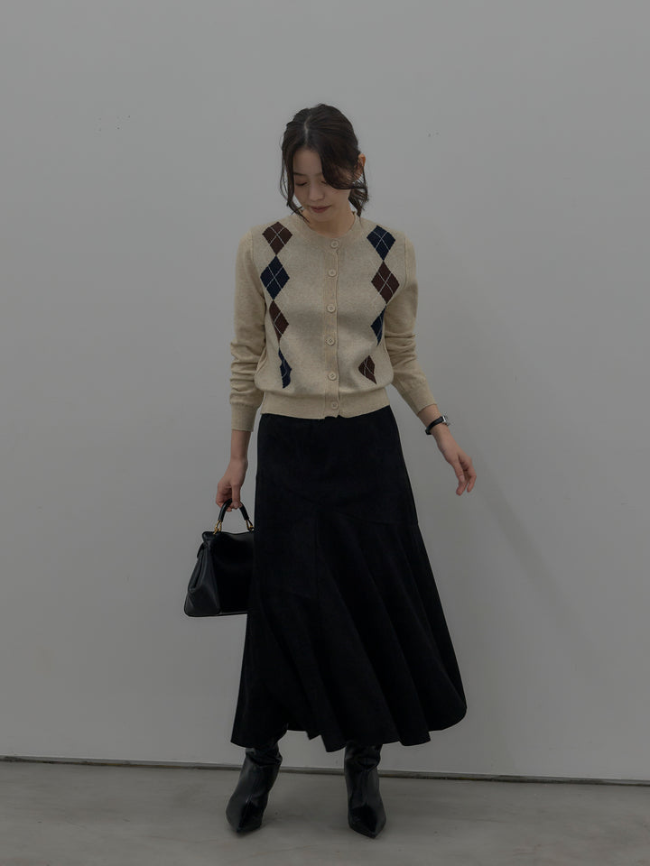 【SET】アーガイル柄ニットカーディガン+スウェードフレアスカート(2set)
