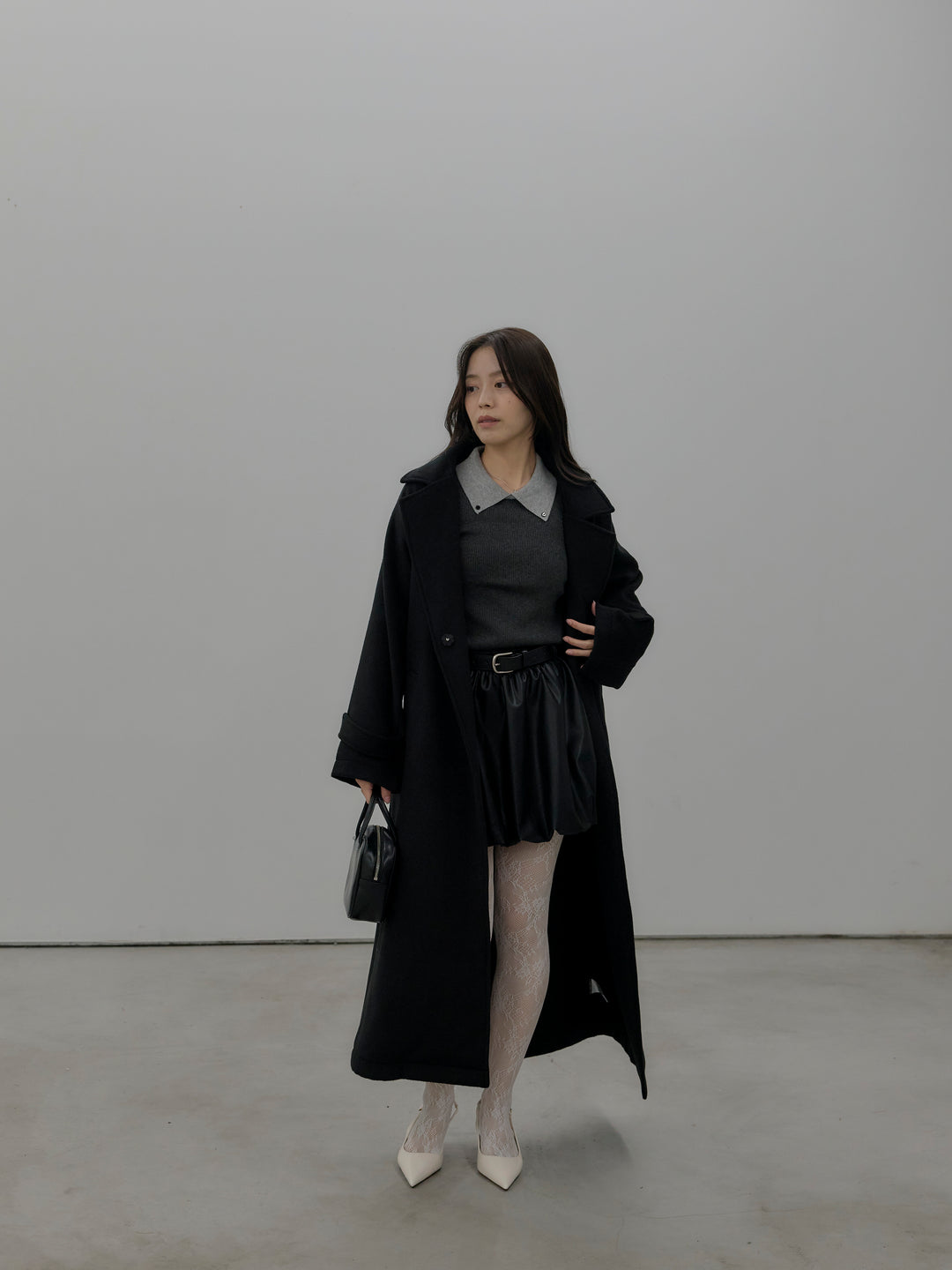 【SET】配色カフスニットポロ+ソフトレザーバルーンミニスカート(2set)