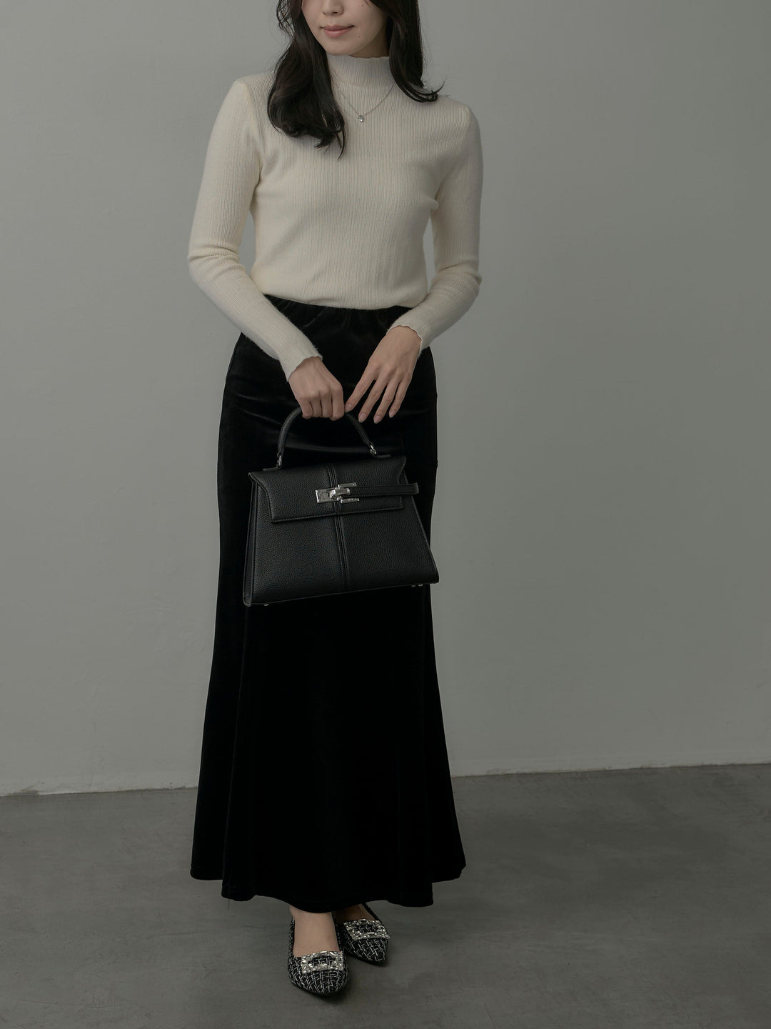 【SET】リブニットタートルネック+ベロアマーメイドスカート(2set)