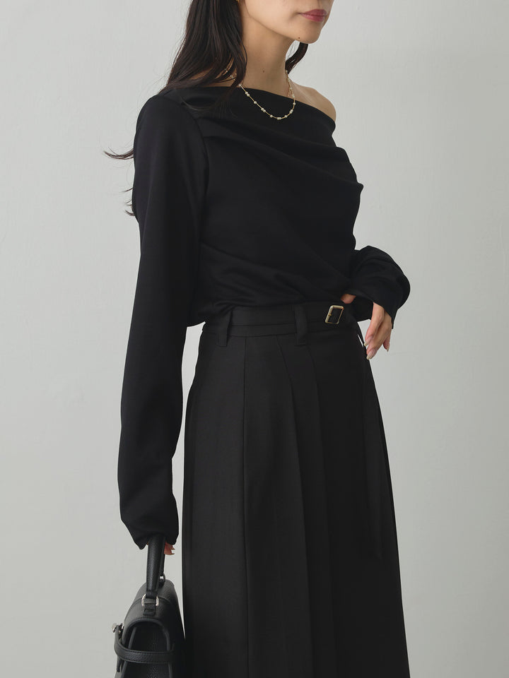 【SET】【Essential】2wayショルダードレープカットトップス+【Essential】ベルト付きサイドタックスカート(2set)