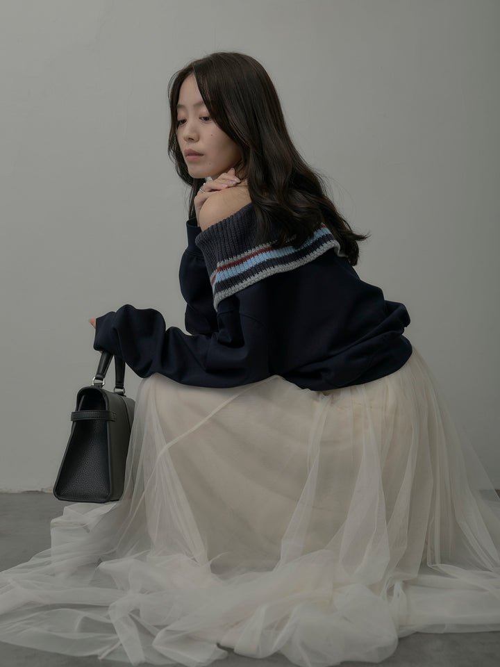 配色ボーダースウェットオフショルトップス