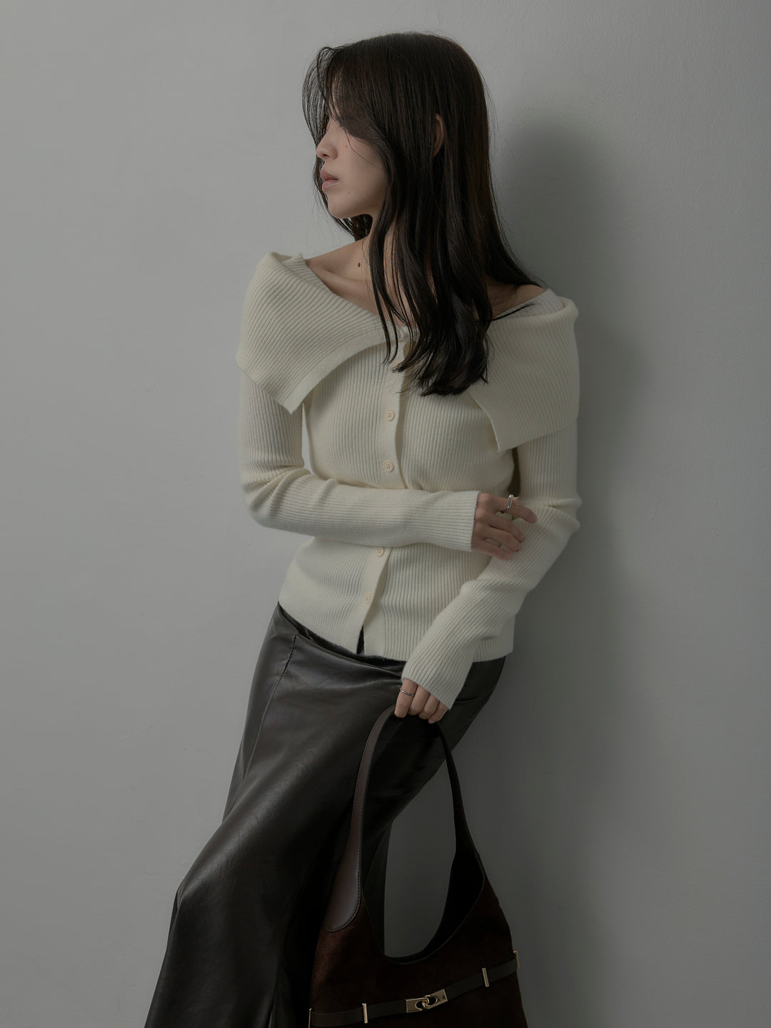 【SET】オフショルライクリブニットトップス+レザーマーメイドスカート(2set)