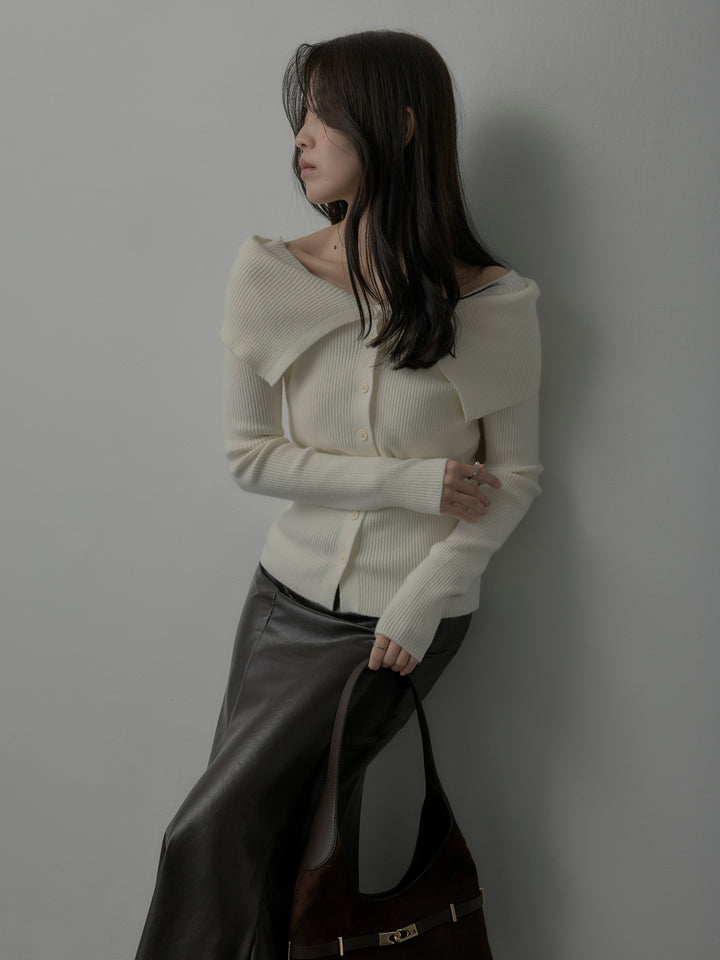 【SET】オフショルライクリブニットトップス+レザーマーメイドスカート(2set)