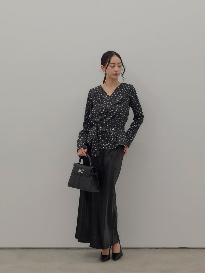 【SET】【Essential】2wayタイ付きベルスリーブサテンブラウス+リュクスAラインサテンスカート(2set)