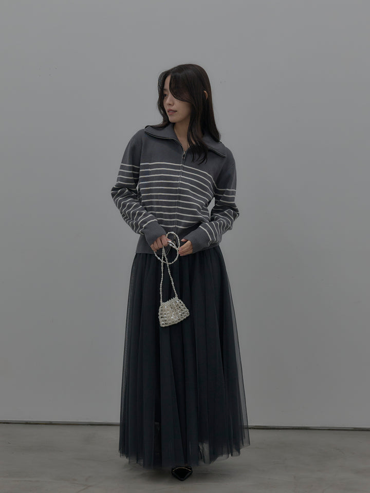 【SET】ダブルZIPハイネックボーダーニットトップス+ボリュームチュールスカート(2set)