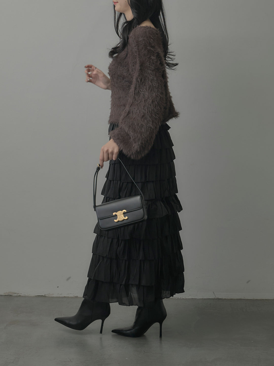 襟デザインシャギーニットトップス