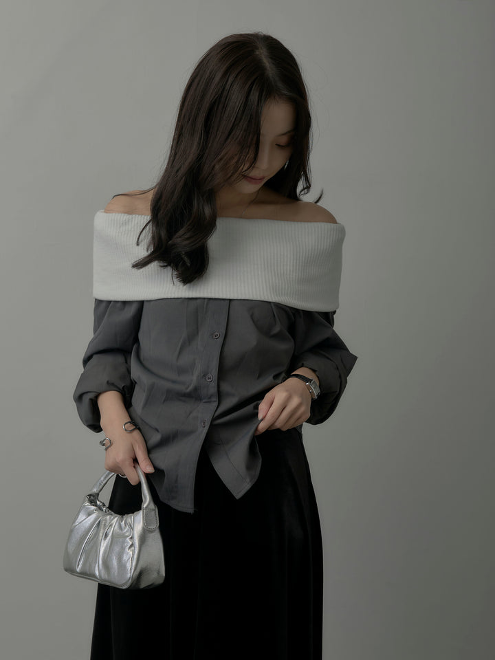 【SET】ニットシャツドッキングオフショルトップス+ベロアフレアロングスカート(2set)