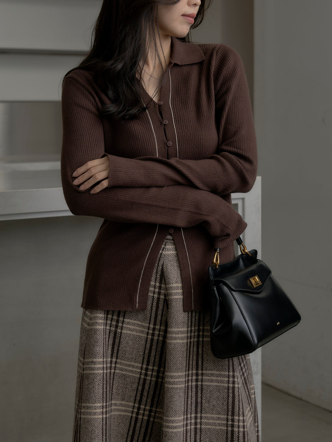 リブ配色ラインポロニットカーディガン