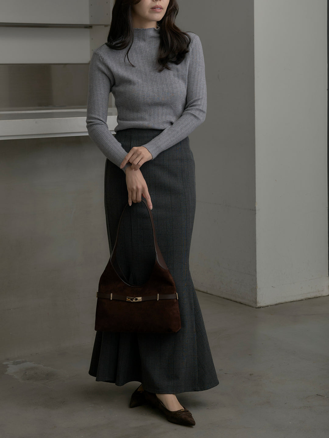 【SET】リブニットタートルネック+【Essential】チェック柄マーメイドスカート(2set)