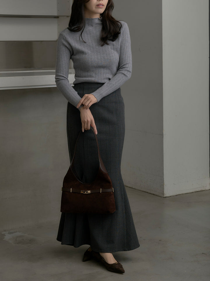 【SET】リブニットタートルネック+【Essential】チェック柄マーメイドスカート(2set)