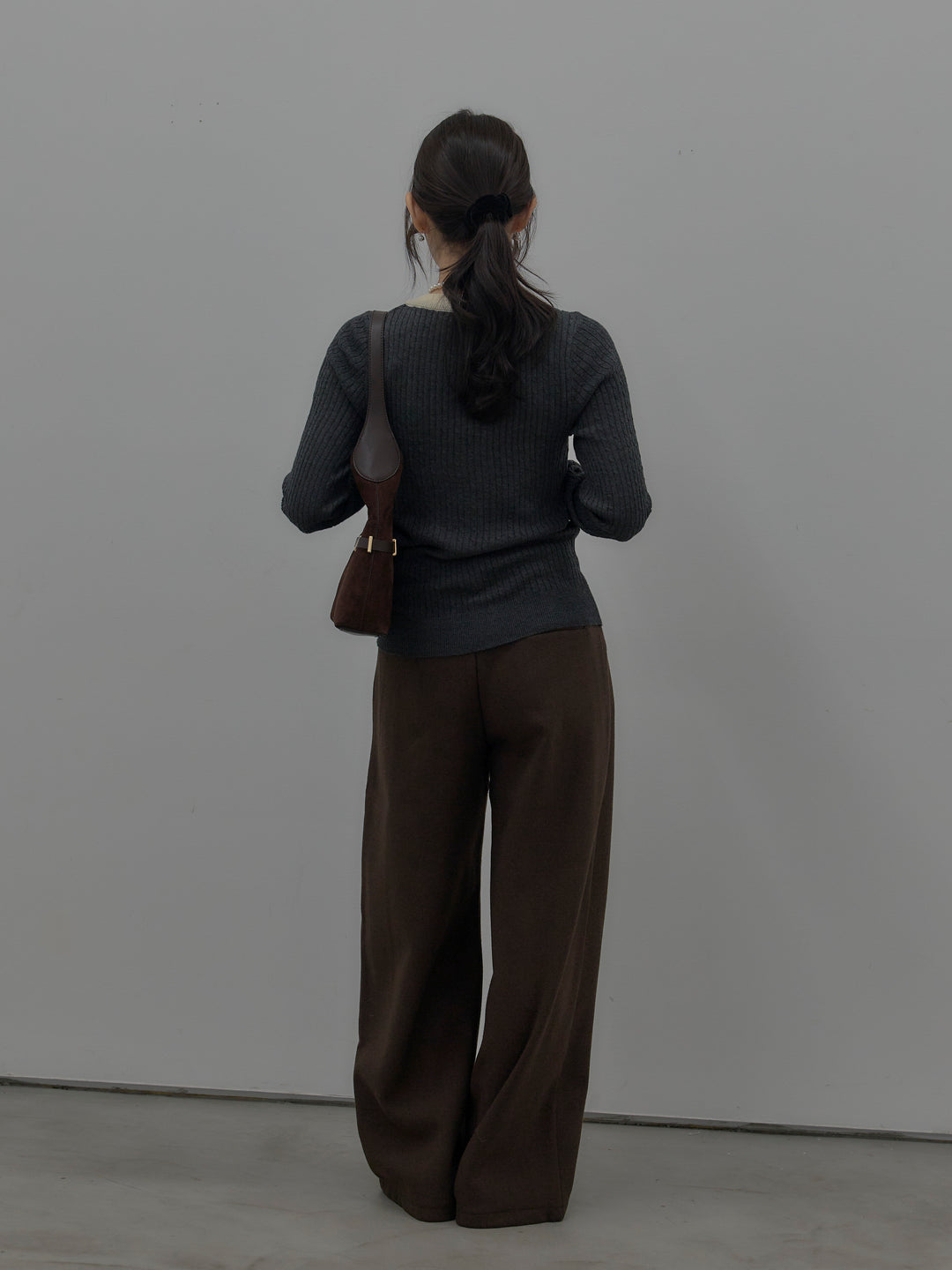 【SET】配色ケーブル編みニットトップス+裏起毛デザインワイドパンツ(2set)