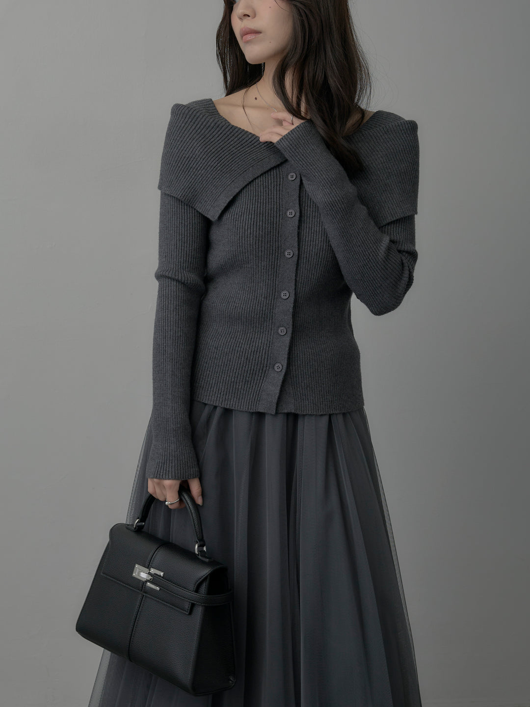 【SET】オフショルライクリブニットトップス+ボリュームチュールスカート(2set)