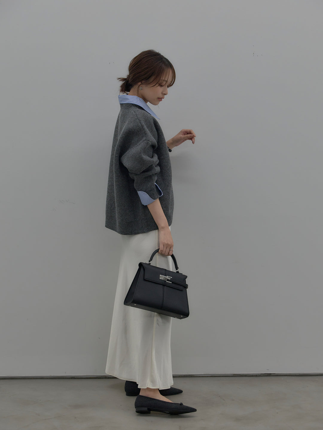 【SET】シャツドッキング肉厚ニットプルオーバー+ナローAラインサテンスカート(2set)