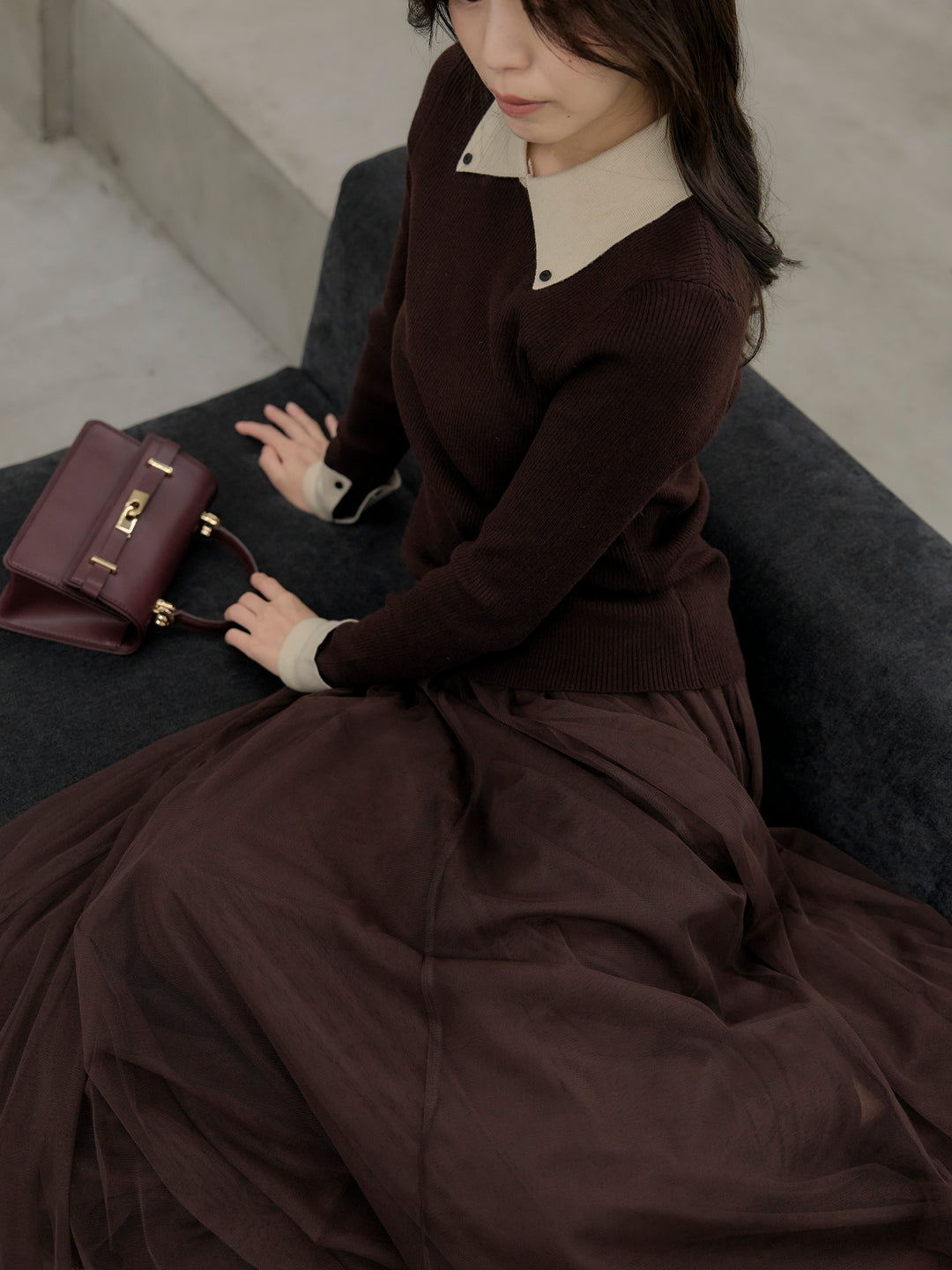 【SET】配色カフスニットポロ+ボリュームチュールスカート(2set)