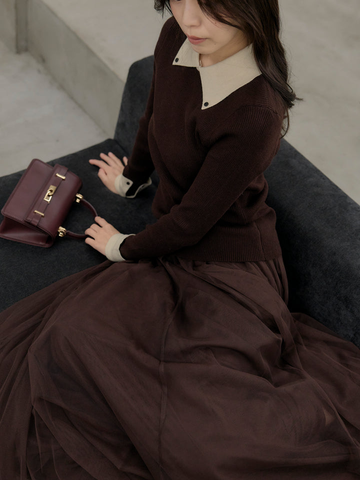 【SET】配色カフスニットポロ+ボリュームチュールスカート(2set)