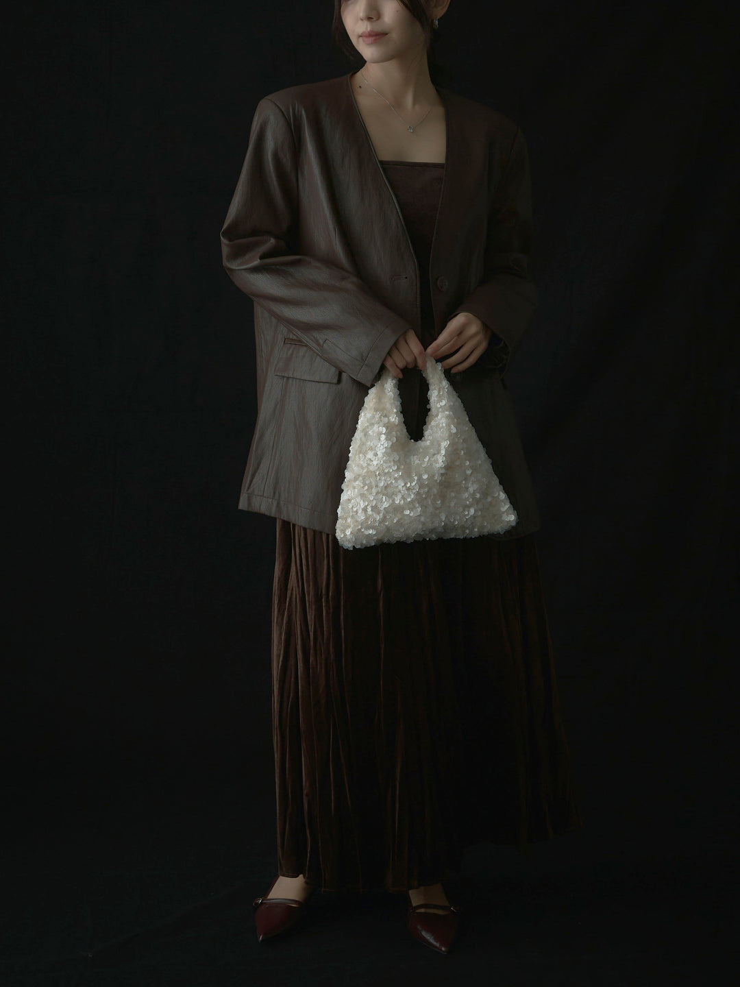 【SET】レザーノーカラージャケット+ベロアワッシャープリーツスカート(2set)