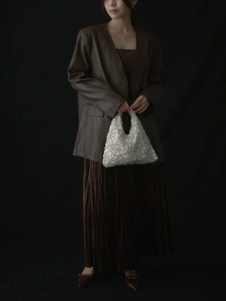 【SET】レザーノーカラージャケット+ベロアワッシャープリーツスカート(2set)