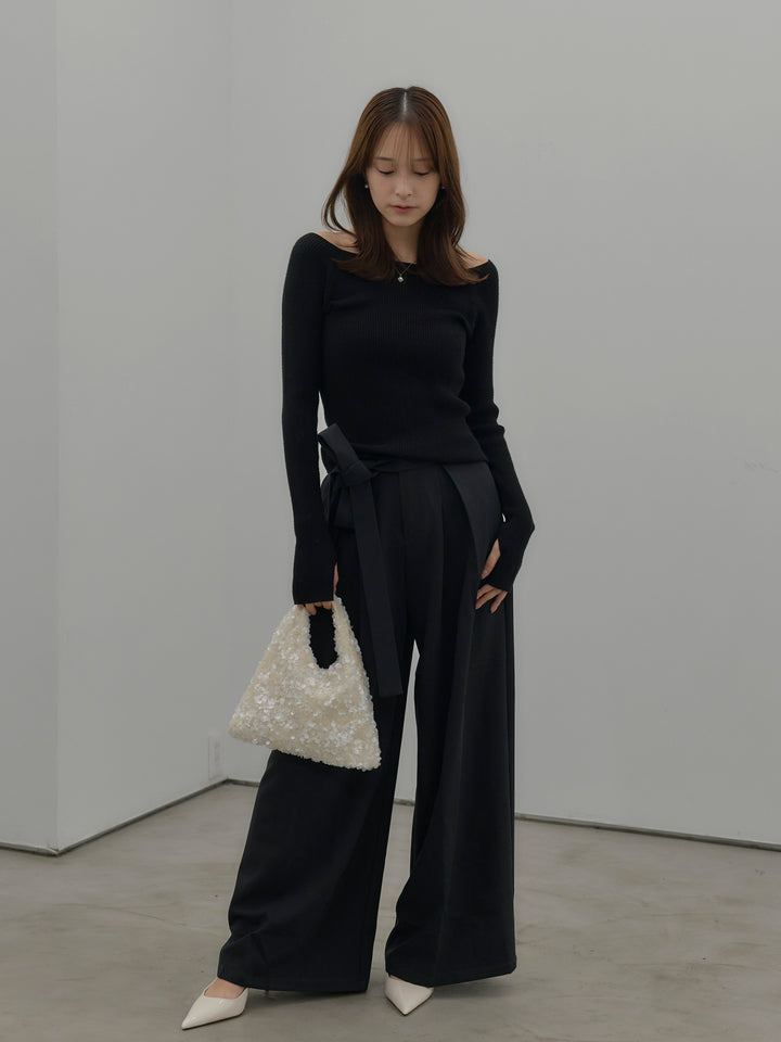 【SET】モヘアライクオーバーニットカーディガン+ウエストリボンワイドパンツ(2set)