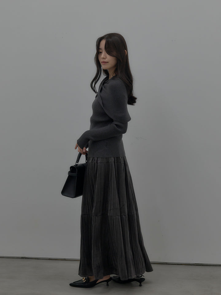 【SET】ケープライクデザインリブニットトップス+ベロアプリーツティアードスカート(2set)