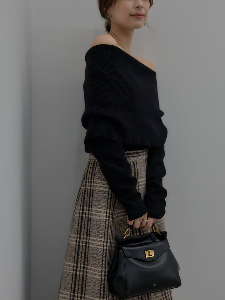 【SET】【premium touch】ソフトリブオフショルニットトップス+【Essential】クラシカルチェックウールタッチスカート(2set)