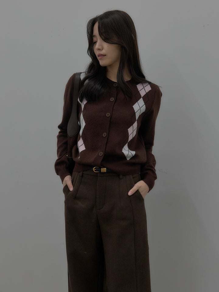 【SET】アーガイル柄ニットカーディガン+裏起毛デザインワイドパンツ(2set)