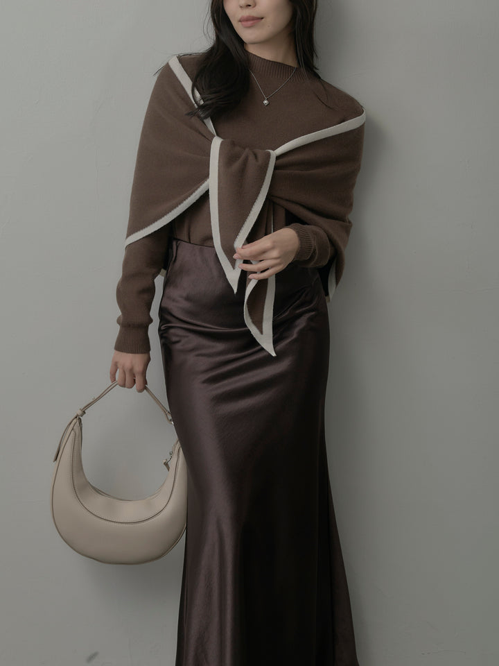 【SET】配色スカーフ付きニットトップス+ナローAラインサテンスカート(2set)