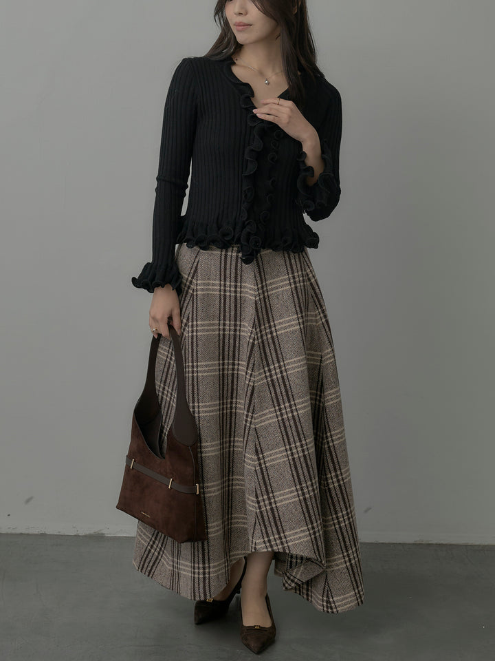 【SET】Vネックフリルデザインニットトップス+【Essential】クラシカルチェックウールタッチスカート(2set)