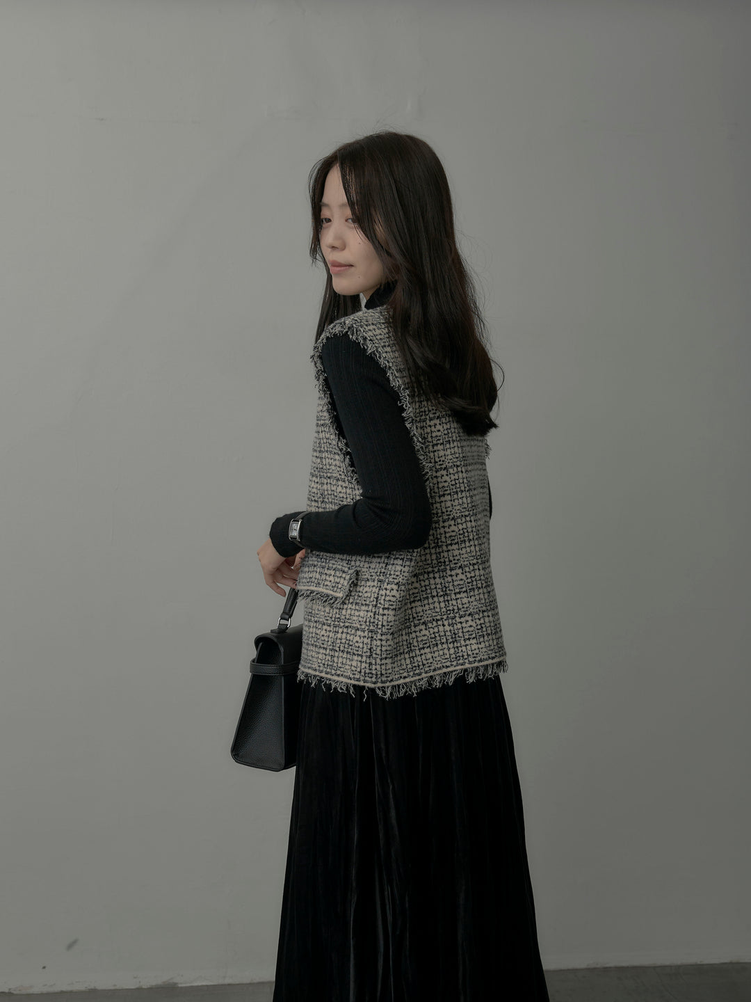 【SET】ツイードフリンジベスト+リブニットタートルネック+ベロアワッシャープリーツスカート(3set)