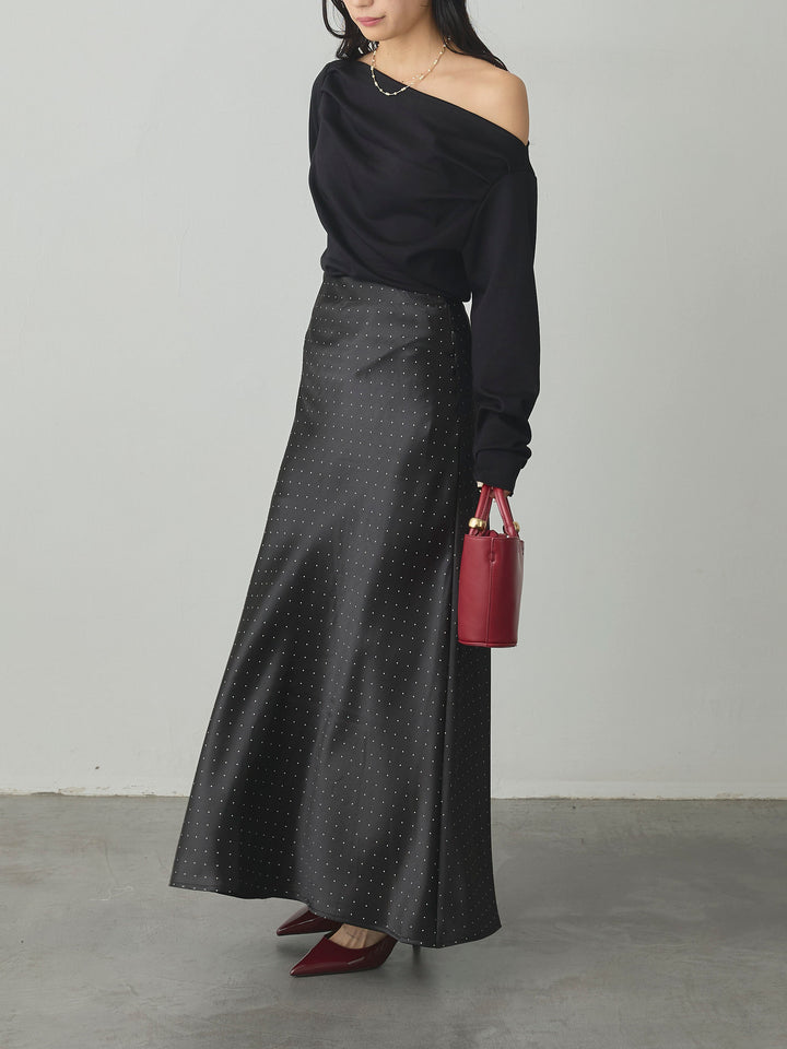 【SET】【Essential】2wayショルダードレープカットトップス+ドットサテンスカート(2set)