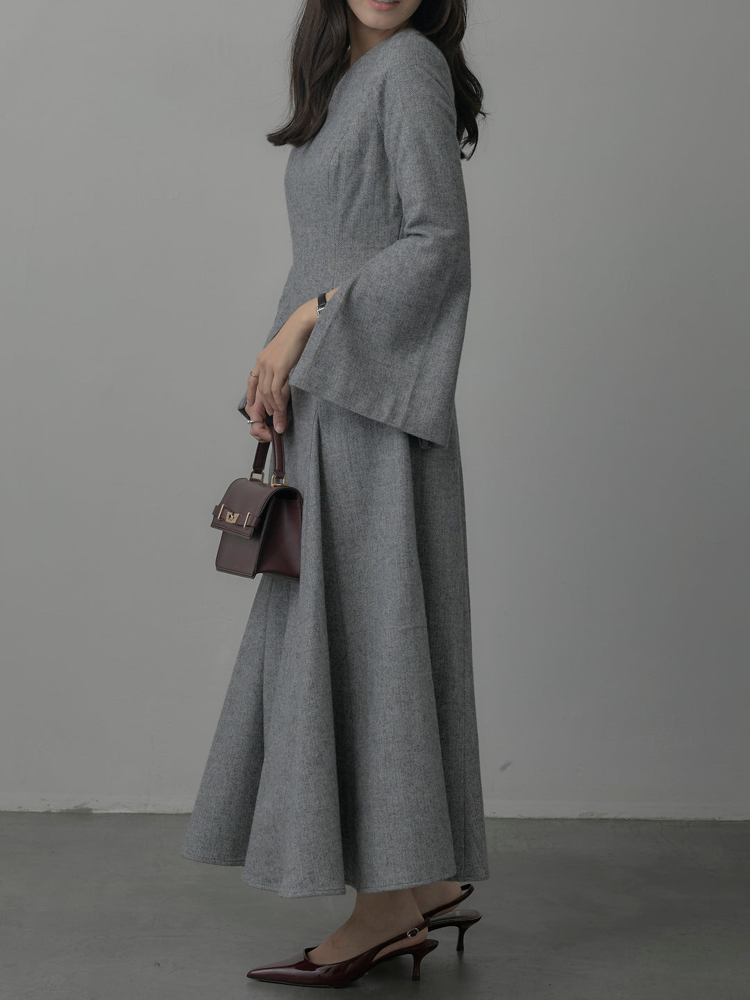 【Essential】2wayスリーブヘリンボーンフレアワンピース