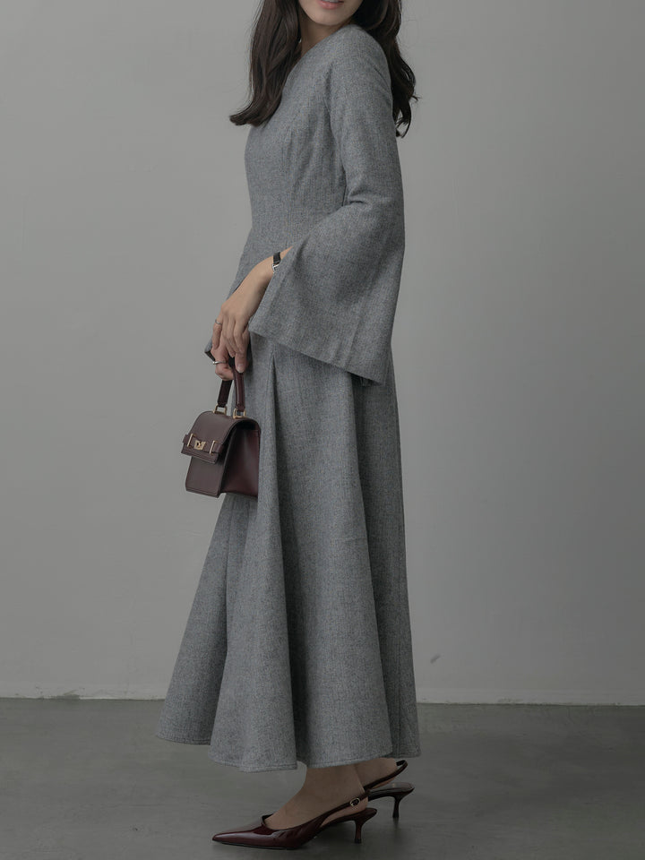 【Essential】2wayスリーブヘリンボーンフレアワンピース