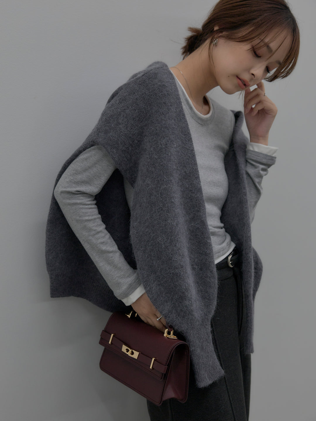 【SET】バイカラーレイヤードカットソー+カーブデザインスウェットライクパンツ(2set)