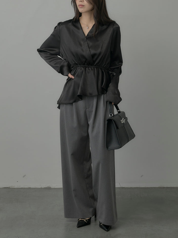 【SET】Vネックアシメサテンブラウス+【Essential】３タックスラックス(2set)