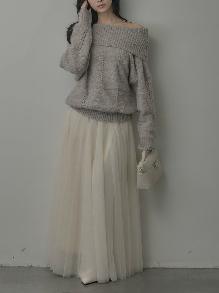 【SET】メランジニットオフショルトップス+ボリュームチュールスカート(2set)